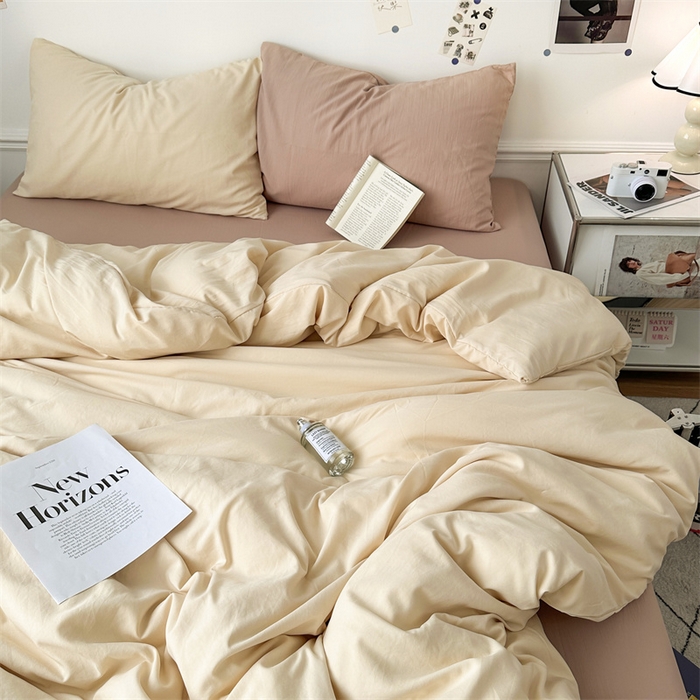 91家纺网 家纺一手货源 找家纺 多品家纺 2024新款超柔混搭水洗棉四件套 米黄+藕粉