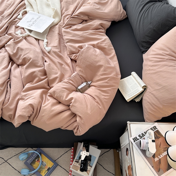 91家纺网 家纺一手货源 找家纺 多品家纺 2024新款超柔混搭水洗棉四件套 藕粉+深灰