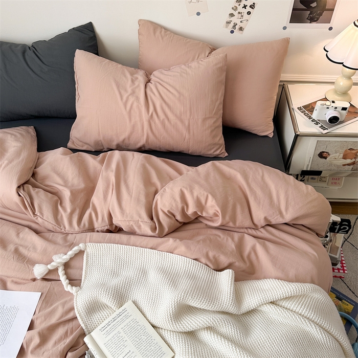 91家纺网 家纺一手货源 找家纺 多品家纺 2024新款超柔混搭水洗棉四件套--单被套 藕粉+深灰