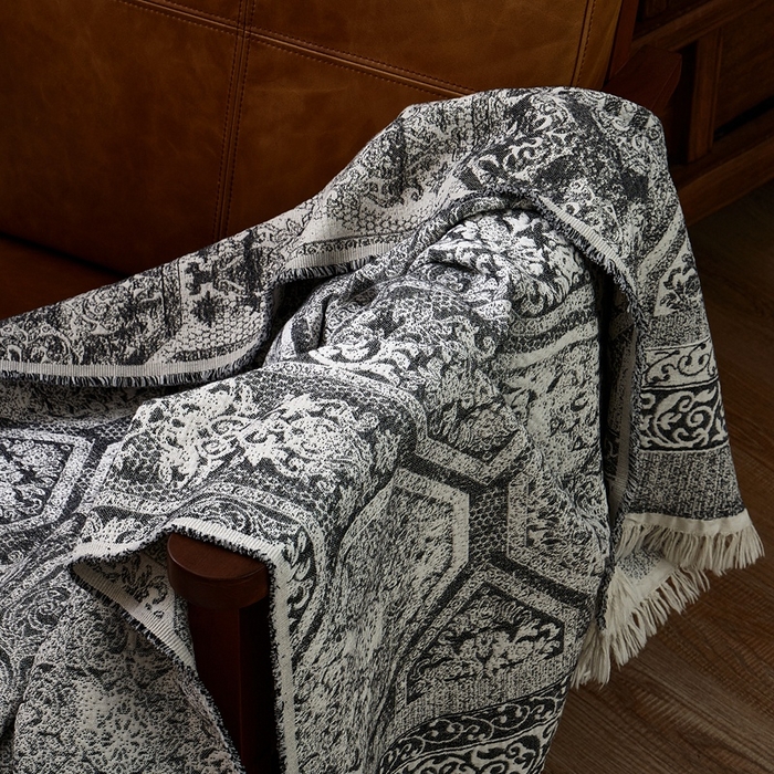 91家纺网 家纺一手货源 找家纺 子和 2024新款全棉缩绒毯（浅色） 大马士革深碳灰