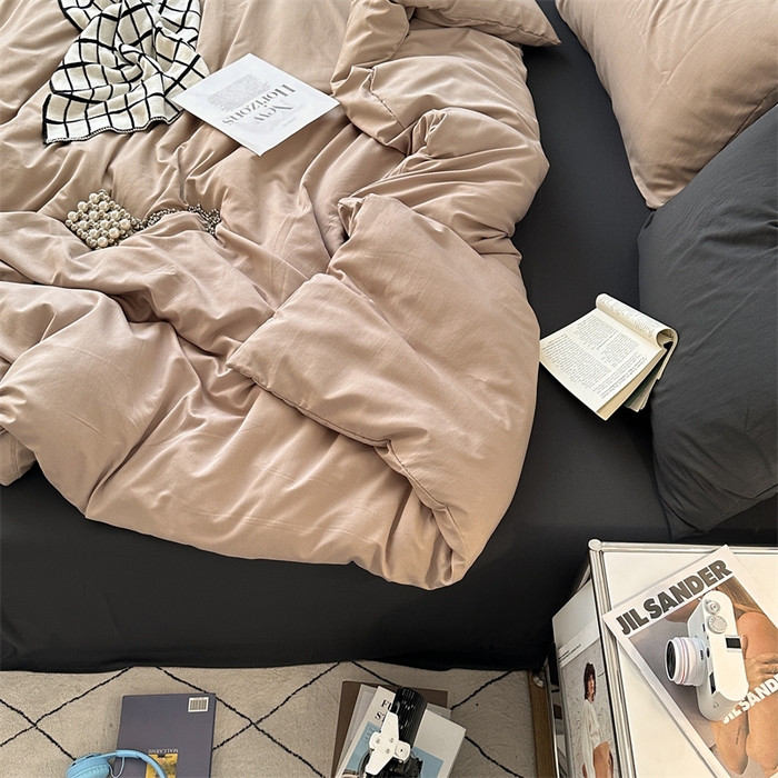 91家纺网 家纺一手货源 找家纺 多品家纺 2024新款超柔混搭水洗棉四件套 卡其灰+深灰