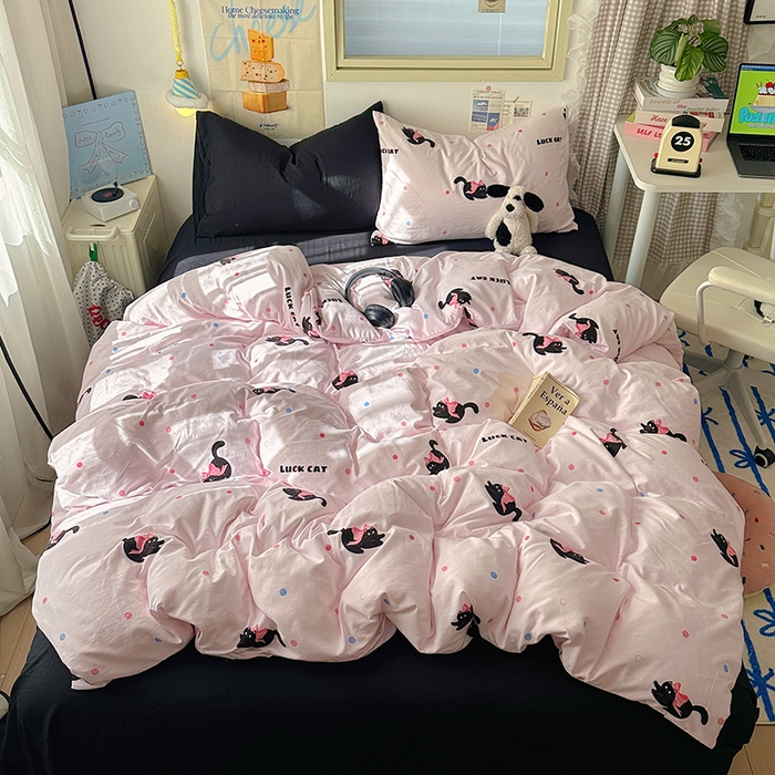 91家纺网 家纺一手货源 找家纺 阿曼达 2024新款ins博主风印花水洗m四件套 粉猫咪