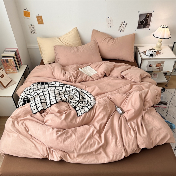 91家纺网 家纺一手货源 找家纺 多品家纺 2024新款超柔混搭水洗棉四件套--单被套 藕粉+棕咖