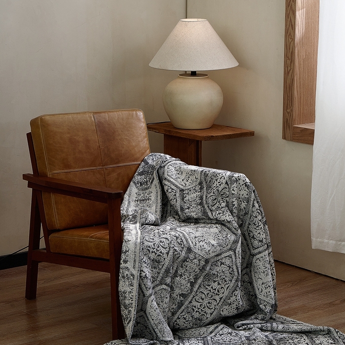 91家纺网 家纺一手货源 找家纺 子和 2024新款全棉缩绒毯（浅色） 大马士革深碳灰