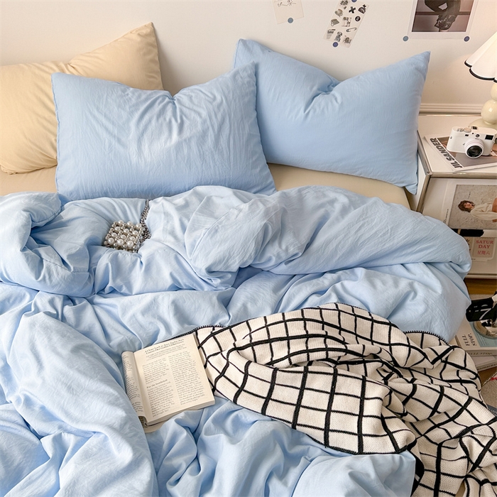 91家纺网 家纺一手货源 找家纺 多品家纺 2024新款超柔混搭水洗棉四件套 雾霾蓝+米黄