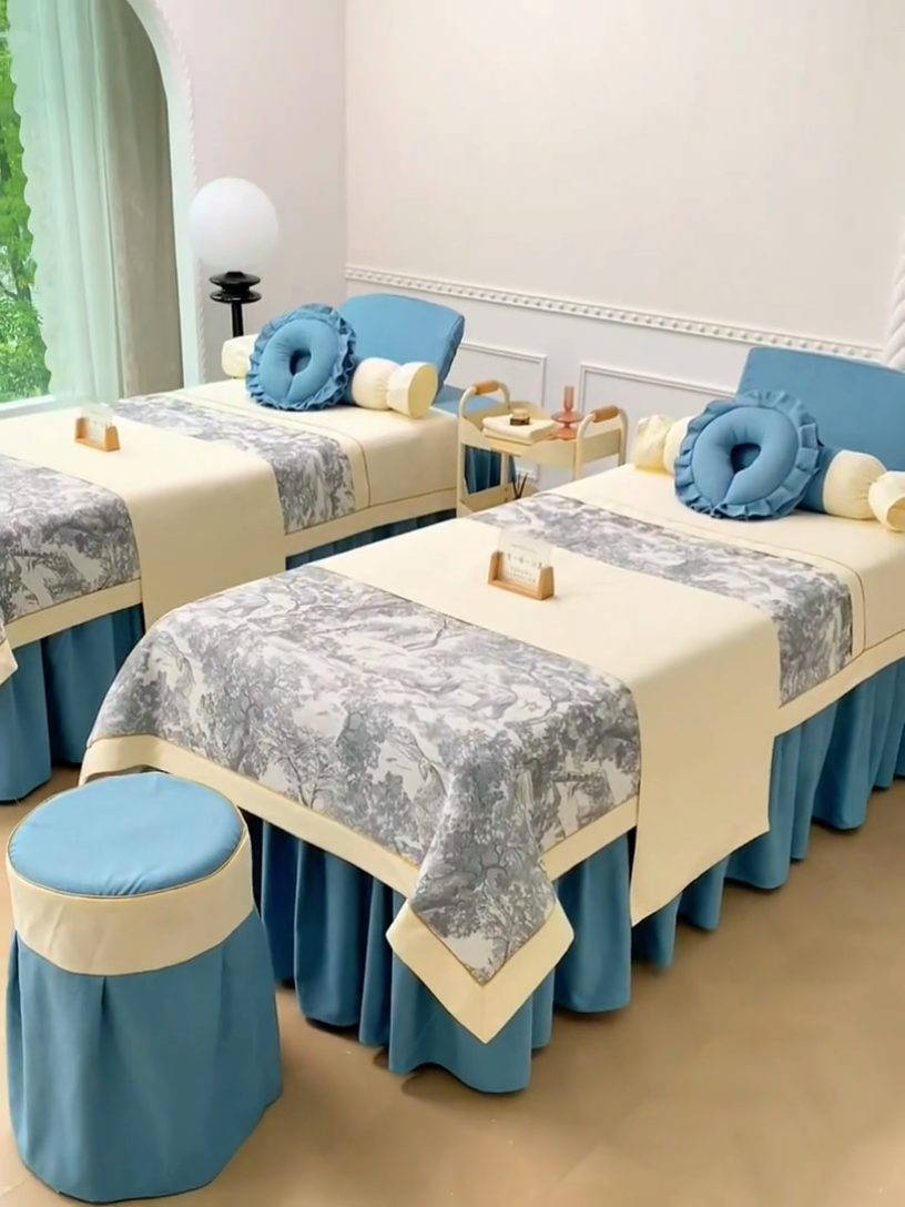 91家纺网 家纺一手货源 找家纺 莉人坊美容床罩批发 2024新款彩棉麻美容床罩系列 清雅湖蓝