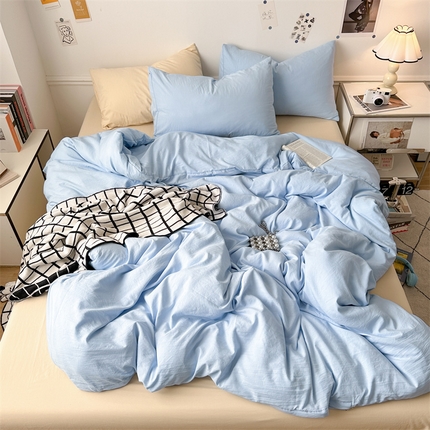 多品家纺 2024新款超柔混搭水洗棉四件套--单被套 雾霾蓝+米黄