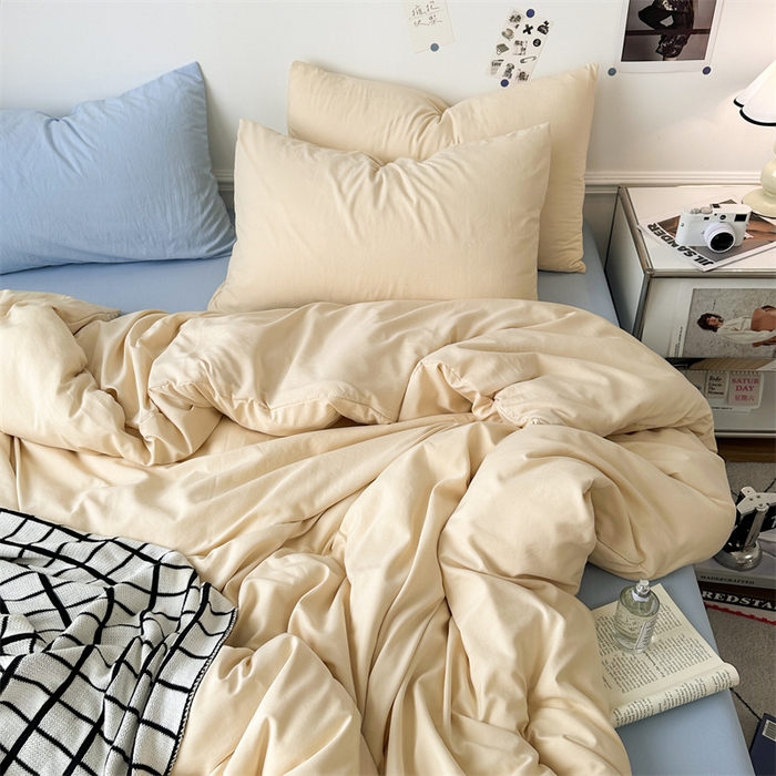 91家纺网 家纺一手货源 找家纺 多品家纺 2024新款超柔混搭水洗棉四件套 米黄+雾霾蓝