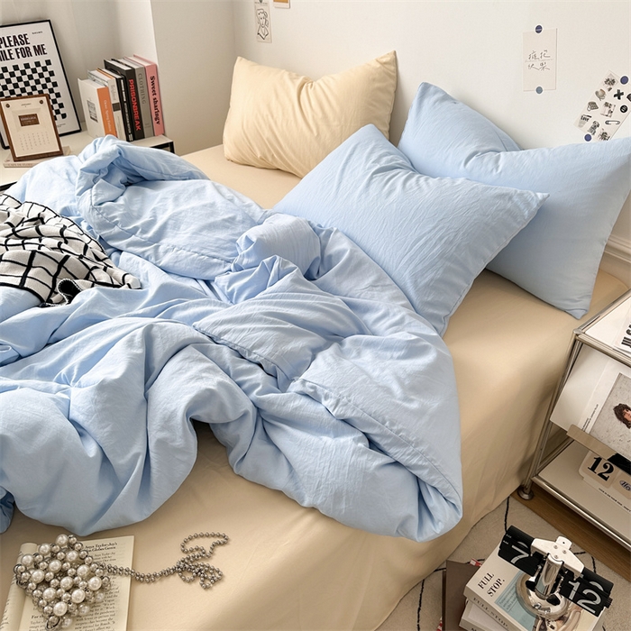 91家纺网 家纺一手货源 找家纺 多品家纺 2024新款超柔混搭水洗棉四件套--单被套 雾霾蓝+米黄