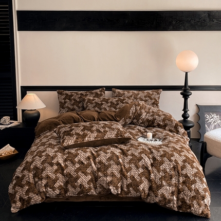 91家纺网 家纺一手货源 找家纺 798家纺 2025新款兔毛印花四件套美拉德系列 美拉德-贝拉迪咖