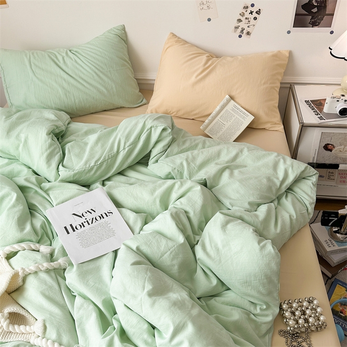 91家纺网 家纺一手货源 找家纺 多品家纺 2024新款超柔混搭水洗棉四件套--单被套 藻绿+米黄