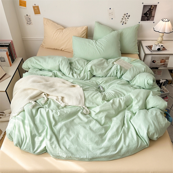 91家纺网 家纺一手货源 找家纺 多品家纺 2024新款超柔混搭水洗棉四件套--单被套 藻绿+米黄