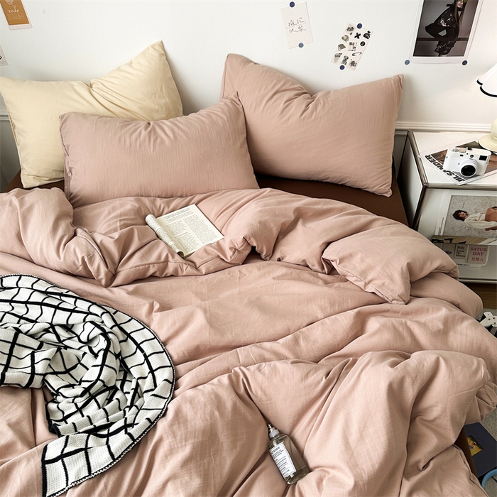 91家纺网 家纺一手货源 找家纺 多品家纺 2024新款超柔混搭水洗棉四件套--单被套 藕粉+棕咖