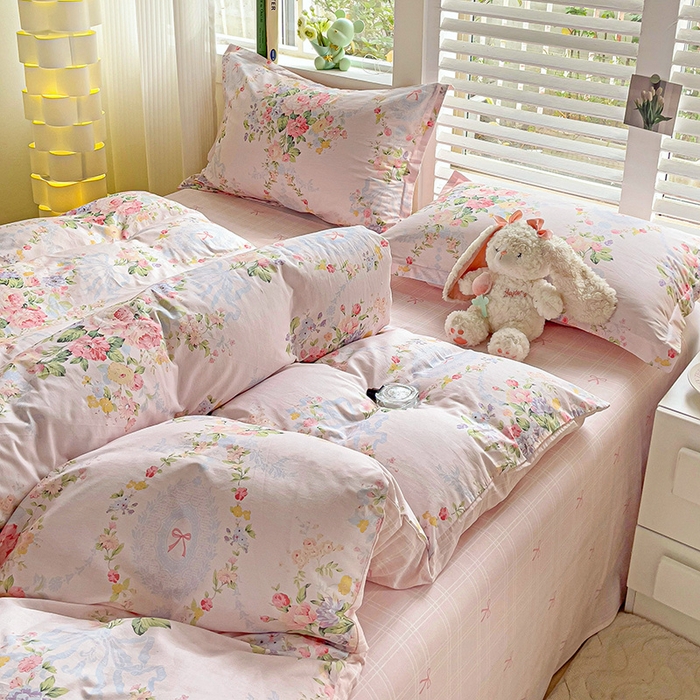 91家纺网 家纺一手货源 找家纺 暖芯优选 204新款直播爆款全棉-ins印花系列四件套纯棉三件套床单床笠夕颜花开