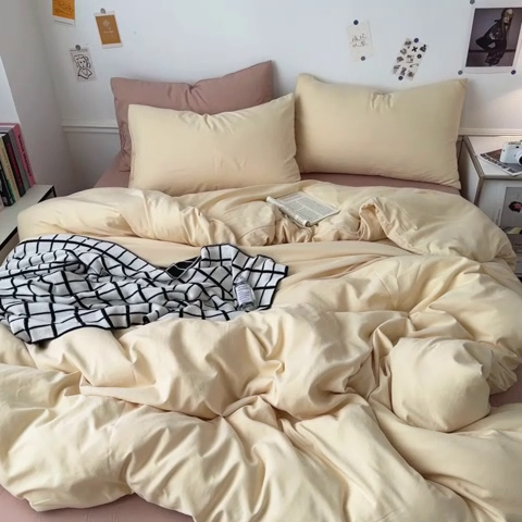 91家纺网 家纺一手货源 找家纺 多品家纺 2024新款超柔混搭水洗棉四件套--单被套 米黄+藕粉