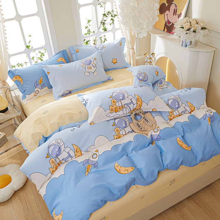 91家纺网 家纺一手货源 找家纺 钰伶 新款全棉简约12868印花纯棉四件套（预留6厘米缩水尺寸） 月亮宇航员