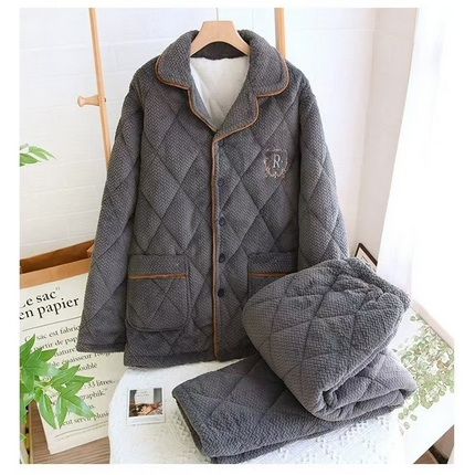 2024新款睡衣女秋冬短绒长袖加厚冬季开衫家居服三层夹棉保暖卡通翻领套装 灰色