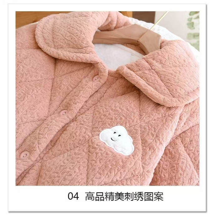 91家纺网 家纺一手货源 找家纺 2024新款睡衣女秋冬短绒长袖加厚冬季开衫家居服三层夹棉保暖卡通翻领套装 粉色