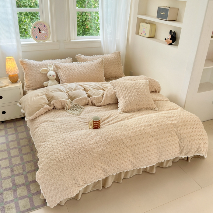 91家纺网 家纺一手货源 找家纺 淑女公社家纺 2024秋冬新款A版兔毛玫瑰B版婴儿绒床盖款四件套兔毛玫瑰米咖色