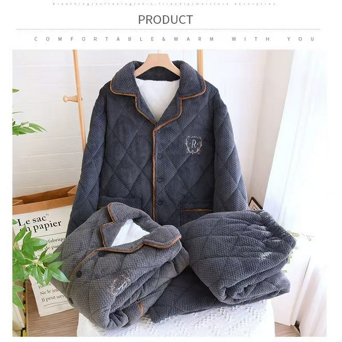 91家纺网 家纺一手货源 找家纺 2024新款睡衣女秋冬短绒长袖加厚冬季开衫家居服三层夹棉保暖卡通翻领套装 灰色