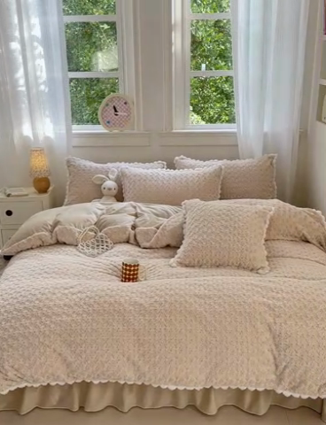 91家纺网 家纺一手货源 找家纺 淑女公社家纺 2024秋冬新款A版兔毛玫瑰B版婴儿绒床盖款四件套兔毛玫瑰米咖色