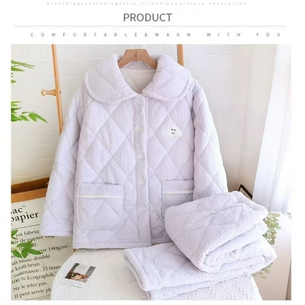 2024新款睡衣女秋冬短绒长袖加厚冬季开衫家居服三层夹棉保暖卡通翻领套装 白色