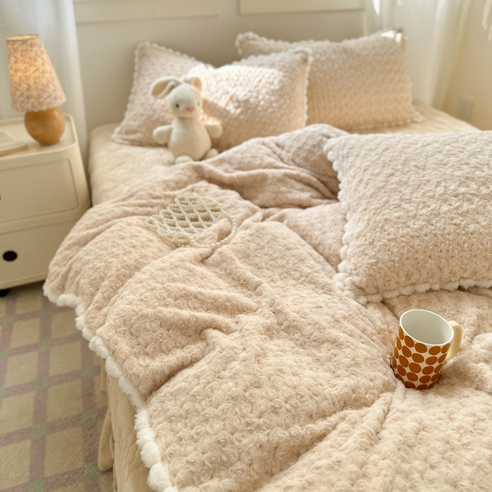 91家纺网 家纺一手货源 找家纺 淑女公社家纺 2024秋冬新款A版兔毛玫瑰B版婴儿绒床盖款四件套兔毛玫瑰米咖色