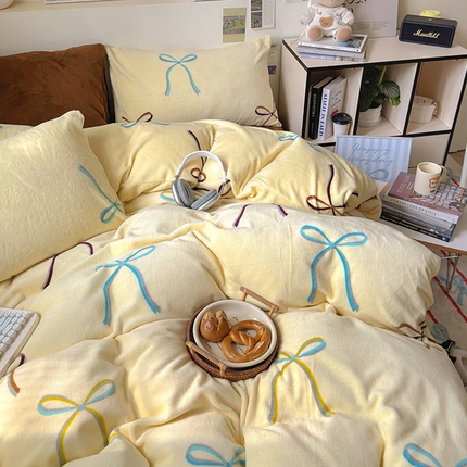 山茶家纺 2024新款高克重牛奶绒印花四件套-蝴蝶结系列 芭蕾少女-复古咖