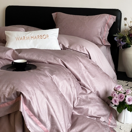 琉宿家纺 2025新款50s双股长绒棉提花宽边工艺四件套曼琳（豆沙）