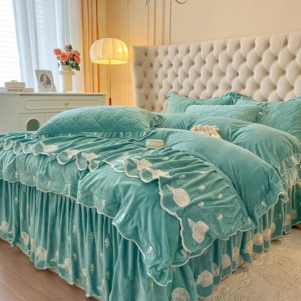 网红馆（ck家纺） 2025新款高克重加厚保暖重工艺宝宝绒晨曦玫瑰系列四件套 暮光绿
