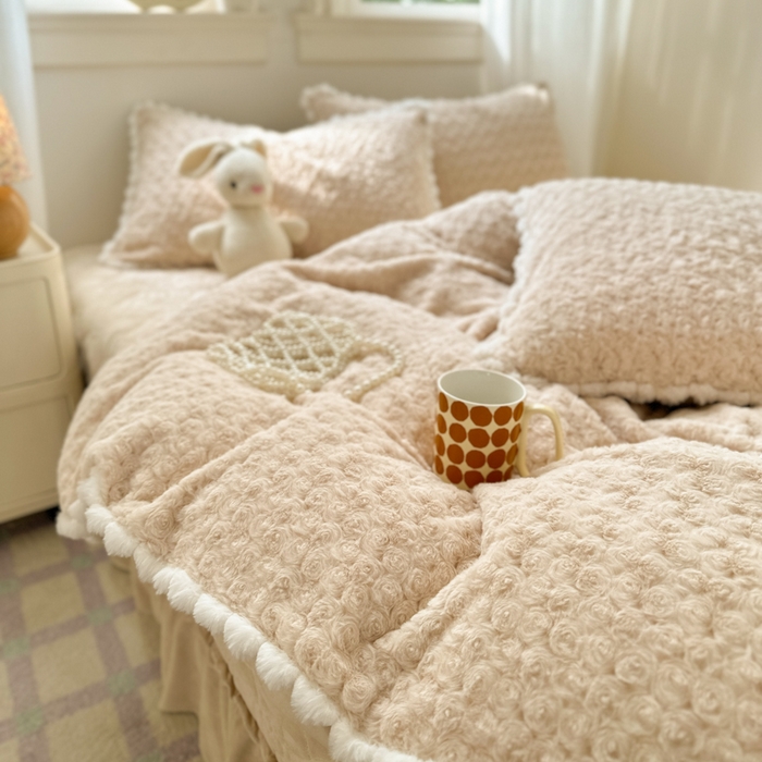 91家纺网 家纺一手货源 找家纺 淑女公社家纺 2024秋冬新款A版兔毛玫瑰B版婴儿绒床盖款四件套兔毛玫瑰米咖色