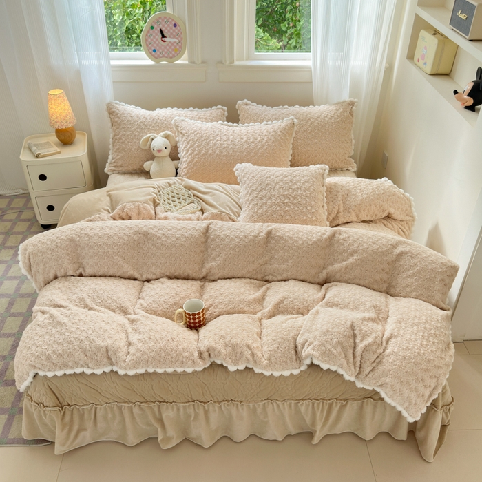 91家纺网 家纺一手货源 找家纺 淑女公社家纺 2024秋冬新款A版兔毛玫瑰B版婴儿绒床盖款四件套兔毛玫瑰米咖色