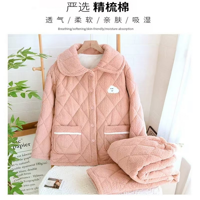 91家纺网 家纺一手货源 找家纺 2024新款睡衣女秋冬短绒长袖加厚冬季开衫家居服三层夹棉保暖卡通翻领套装 粉色