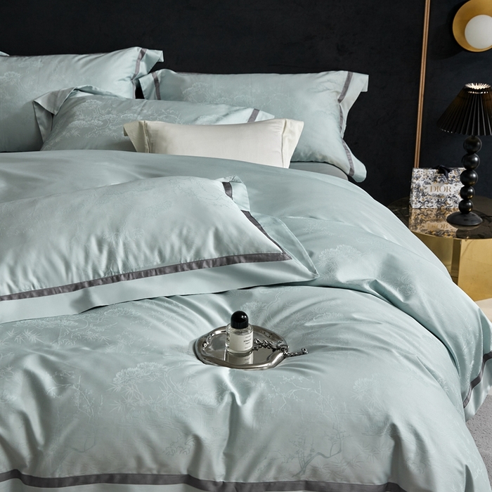 91家纺网 家纺一手货源 找家纺 琉宿家纺 2025新款50s双股长绒棉提花宽边工艺四件套枫洛（清新兰）