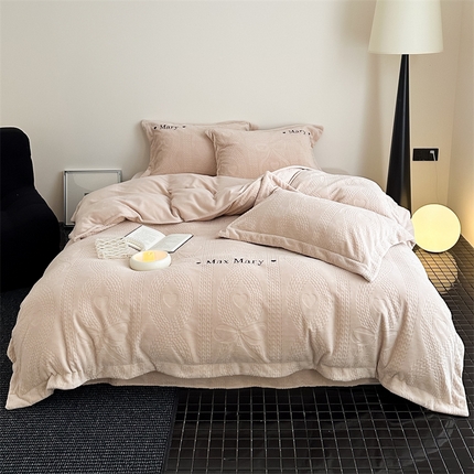 潘朵拉家纺 2024新款法式刺绣雕花绒牛奶绒四件套-麦瑞系列 麦穗奶咖