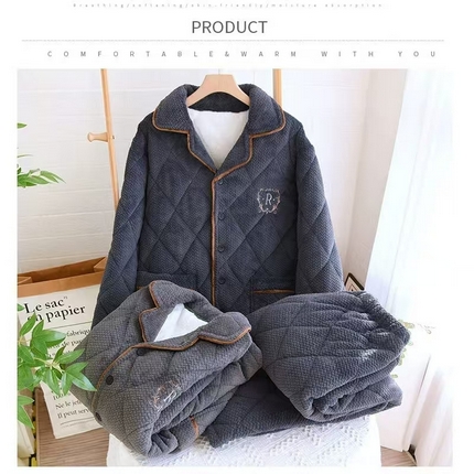 91家纺网 家纺一手货源 找家纺 2024新款睡衣女秋冬短绒长袖加厚冬季开衫家居服三层夹棉保暖卡通翻领套装 灰色