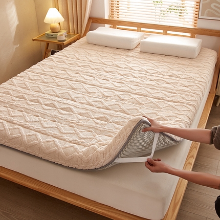 91家纺网 家纺一手货源 找家纺 2025新款A类高克重提花加厚塔芙绒床垫奶昔白