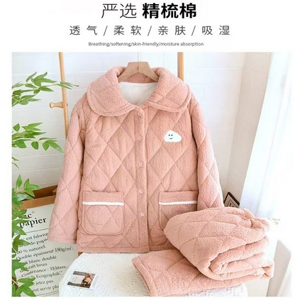 （总）2024新款睡衣女秋冬短绒长袖加厚冬季开衫家居服三层夹棉保暖卡通翻领套装