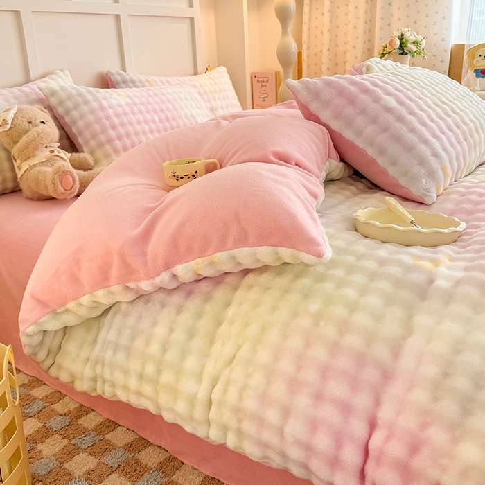 91家纺网 家纺一手货源 找家纺 金喜 2024新款牛奶绒印花泡泡四件套 泡泡牛奶绒-暖阳