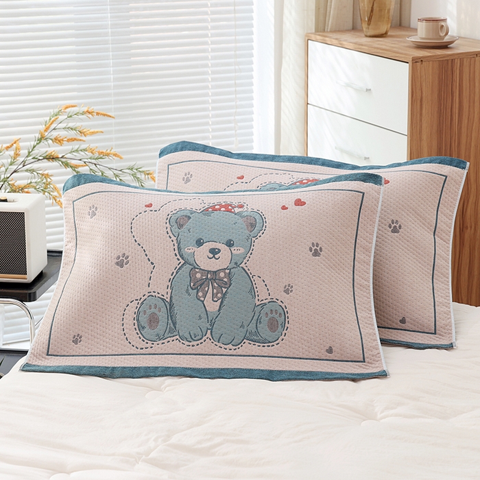 91家纺网 家纺一手货源 找家纺 朴尔家纺-毛巾被 2024年新款卡通定位纯棉四层纱布枕巾呆萌熊蓝