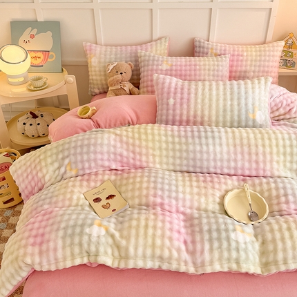 金喜 2024新款牛奶绒印花泡泡四件套 泡泡牛奶绒-暖阳