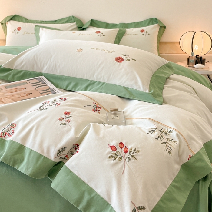 91家纺网 家纺一手货源 找家纺 遇见家居生活馆 2024新款A类全棉磨毛刺绣四件套-丽莎 丽莎-清新绿