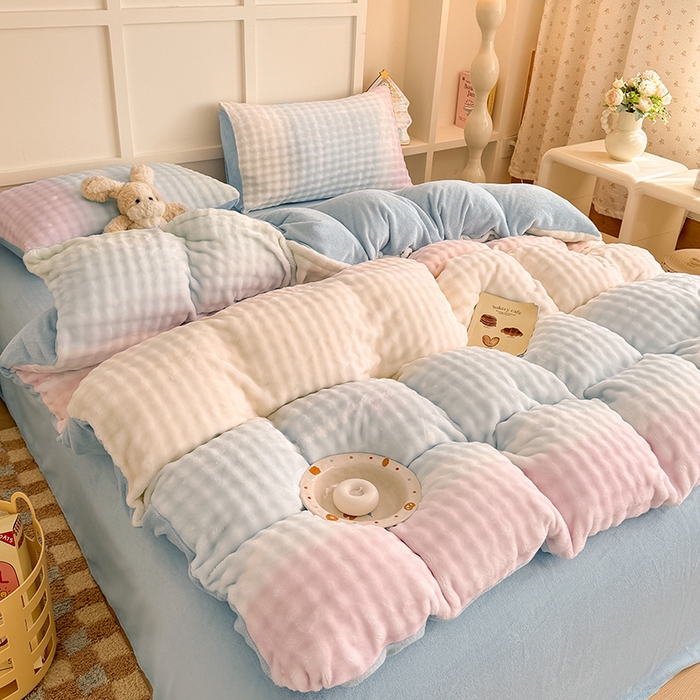 91家纺网 家纺一手货源 找家纺 金喜 2024新款牛奶绒印花泡泡四件套 泡泡牛奶绒-浅浅