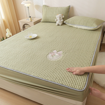 暖季家纺 2025新款40支长绒棉刺绣款全棉夹棉床笠支持定制 全棉夹棉蝴蝶结-抹茶绿