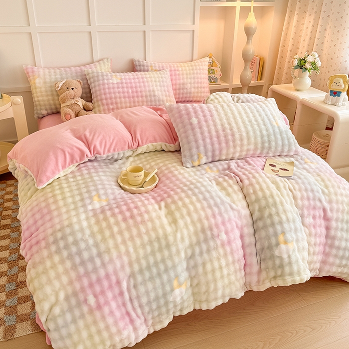 91家纺网 家纺一手货源 找家纺 金喜 2024新款牛奶绒印花泡泡四件套 泡泡牛奶绒-暖阳