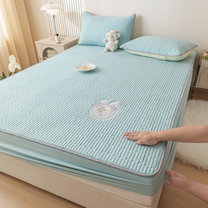 暖季家纺 2025新款40支长绒棉刺绣款全棉夹棉床笠支持定制 全棉夹棉蝴蝶结-天空蓝