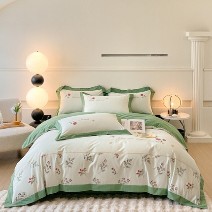 91家纺网 家纺一手货源 找家纺 遇见家居生活馆 2024新款A类全棉磨毛刺绣四件套-丽莎 丽莎-清新绿