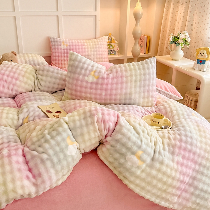 91家纺网 家纺一手货源 找家纺 金喜 2024新款牛奶绒印花泡泡四件套 泡泡牛奶绒-暖阳