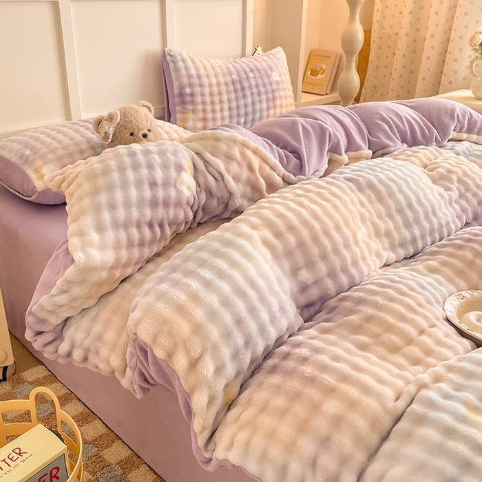 91家纺网 家纺一手货源 找家纺 金喜 2024新款牛奶绒印花泡泡四件套 泡泡牛奶绒-优雅