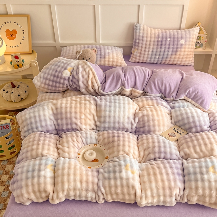 91家纺网 家纺一手货源 找家纺 金喜 2024新款牛奶绒印花泡泡四件套 泡泡牛奶绒-优雅